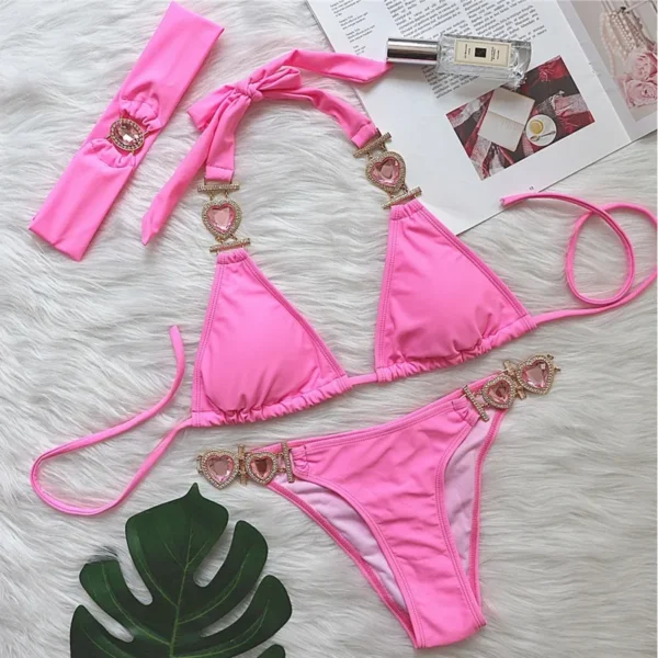 Sexy Rhinestones Push Up Beach Swim Wear Bikini With Headband - Image 3