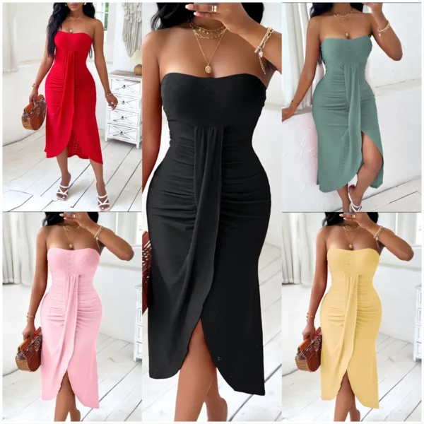 New Sexy Summer Bandeau Backless Ruched Hook Flower Slit Dresses - Image 11