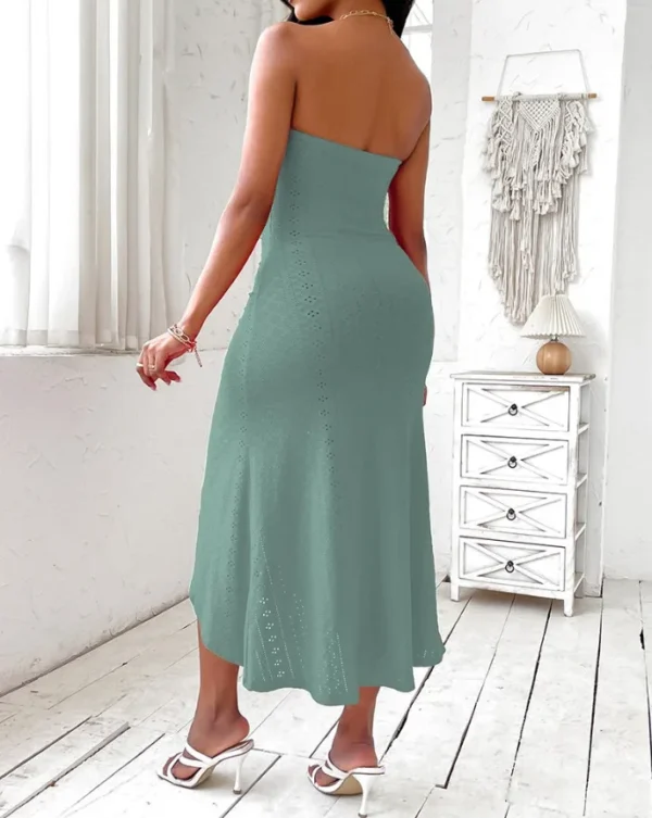 New Sexy Summer Bandeau Backless Ruched Hook Flower Slit Dresses - Image 21