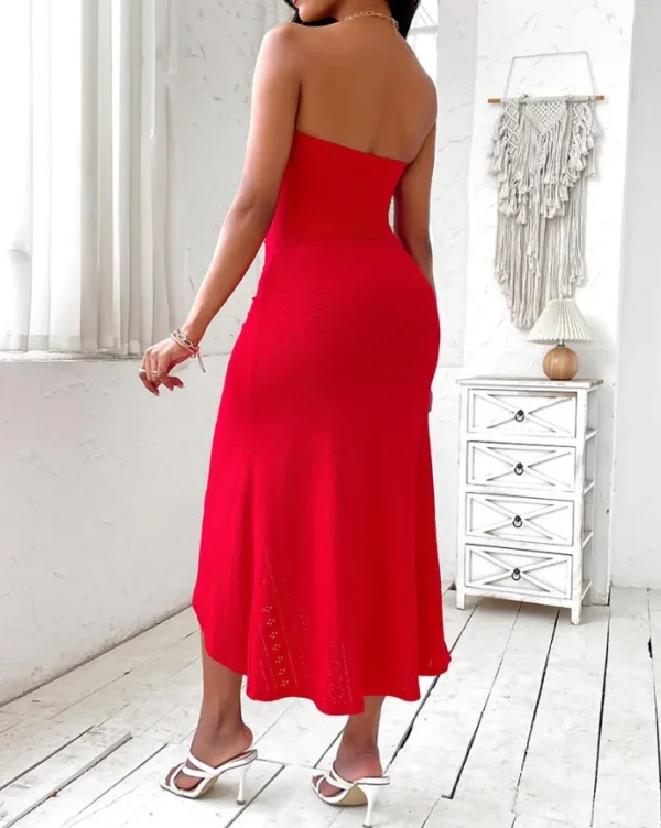 New Sexy Summer Bandeau Backless Ruched Hook Flower Slit Dresses - Image 23