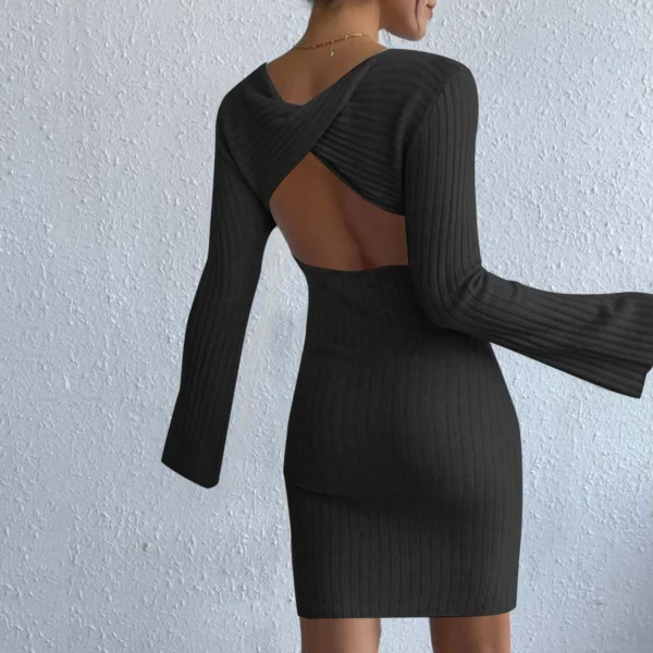 High-Quality Sexy Solid Knitted Long Sleeve Elegant Mini Dress - Image 4
