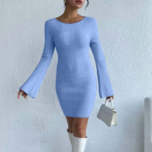 High-Quality Sexy Solid Knitted Long Sleeve Elegant Mini Dress - Image 3