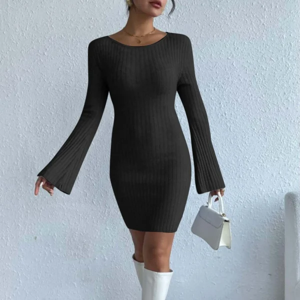 High-Quality Sexy Solid Knitted Long Sleeve Elegant Mini Dress - Image 2