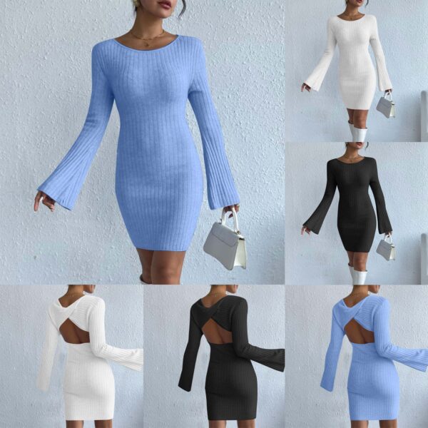 High-Quality Sexy Solid Knitted Long Sleeve Elegant Mini Dress - Image 6