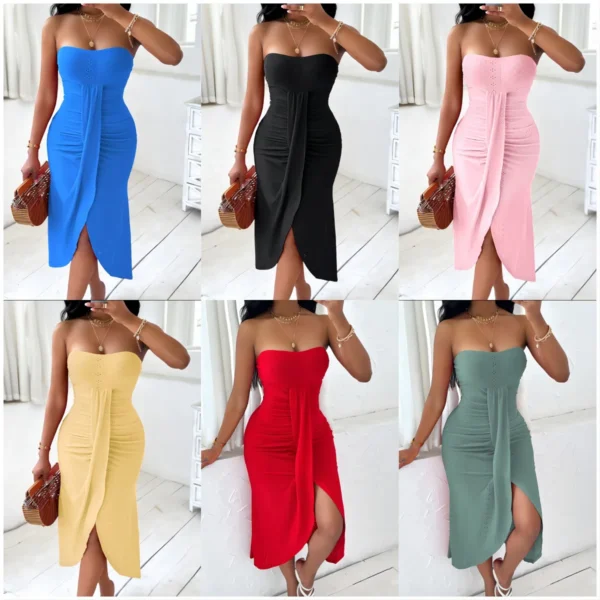 New Sexy Summer Bandeau Backless Ruched Hook Flower Slit Dresses - Image 10