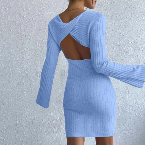 High-Quality Sexy Solid Knitted Long Sleeve Elegant Mini Dress - Image 5