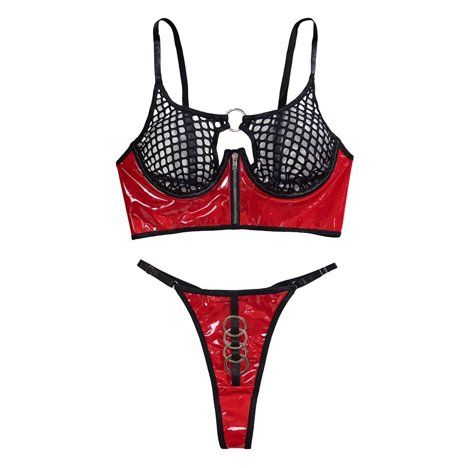 Two Piece Women Lingerie Set Bra And Briefs Mesh Bright Lacquer Leather Sexy Gathering Underwear Erotic Wear For Femme женское - Image 5