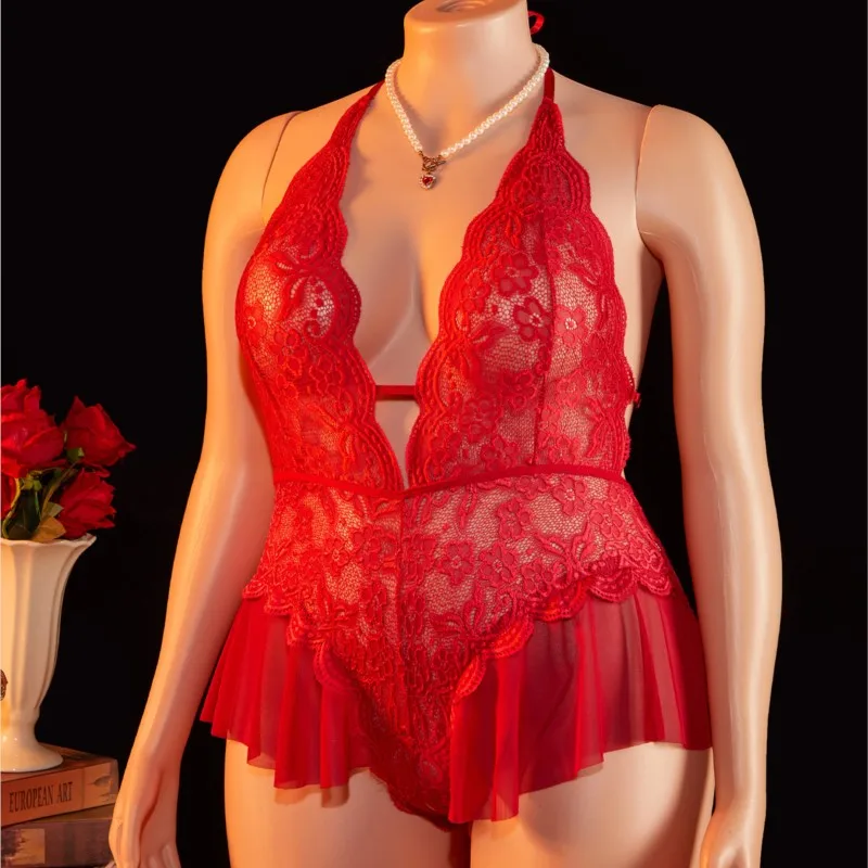 Plus Size Crotchless Deep V Sexy Lingerie Women Transparent Lace Bodysuit Teddy Babydoll Dress Underwear Set Erotic Costumes - Image 9