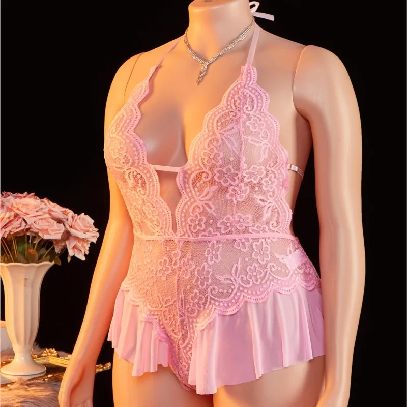 Plus Size Crotchless Deep V Sexy Lingerie Women Transparent Lace Bodysuit Teddy Babydoll Dress Underwear Set Erotic Costumes - Image 5