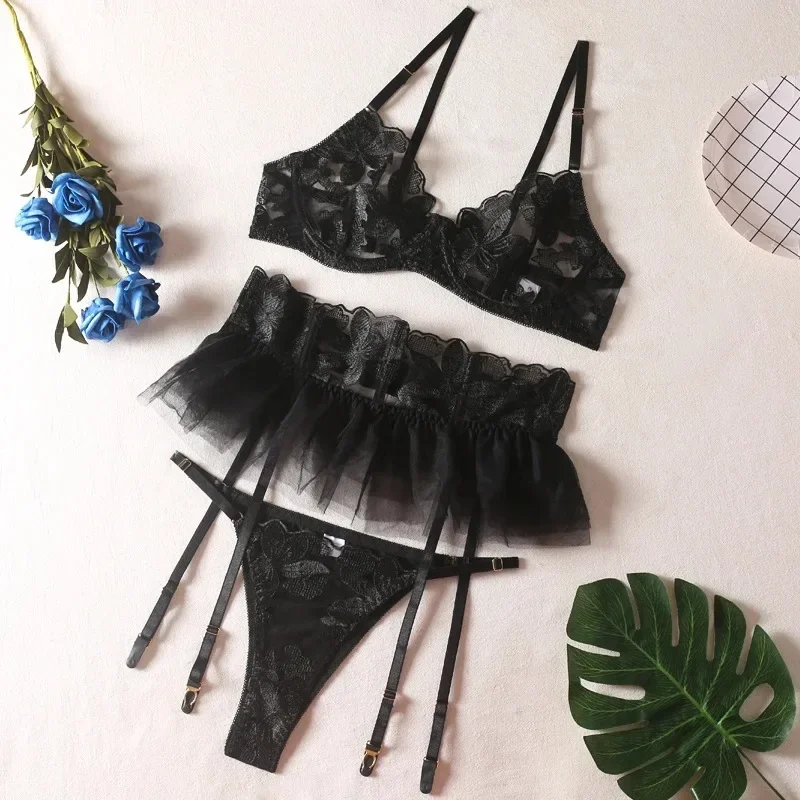 Luxury Flower Embroidered Bra Thong 3Pcs Sets With Ruffles Peplum Transparent Underwear Woman Suits Erotic Sexy Lingerie Set - Image 7