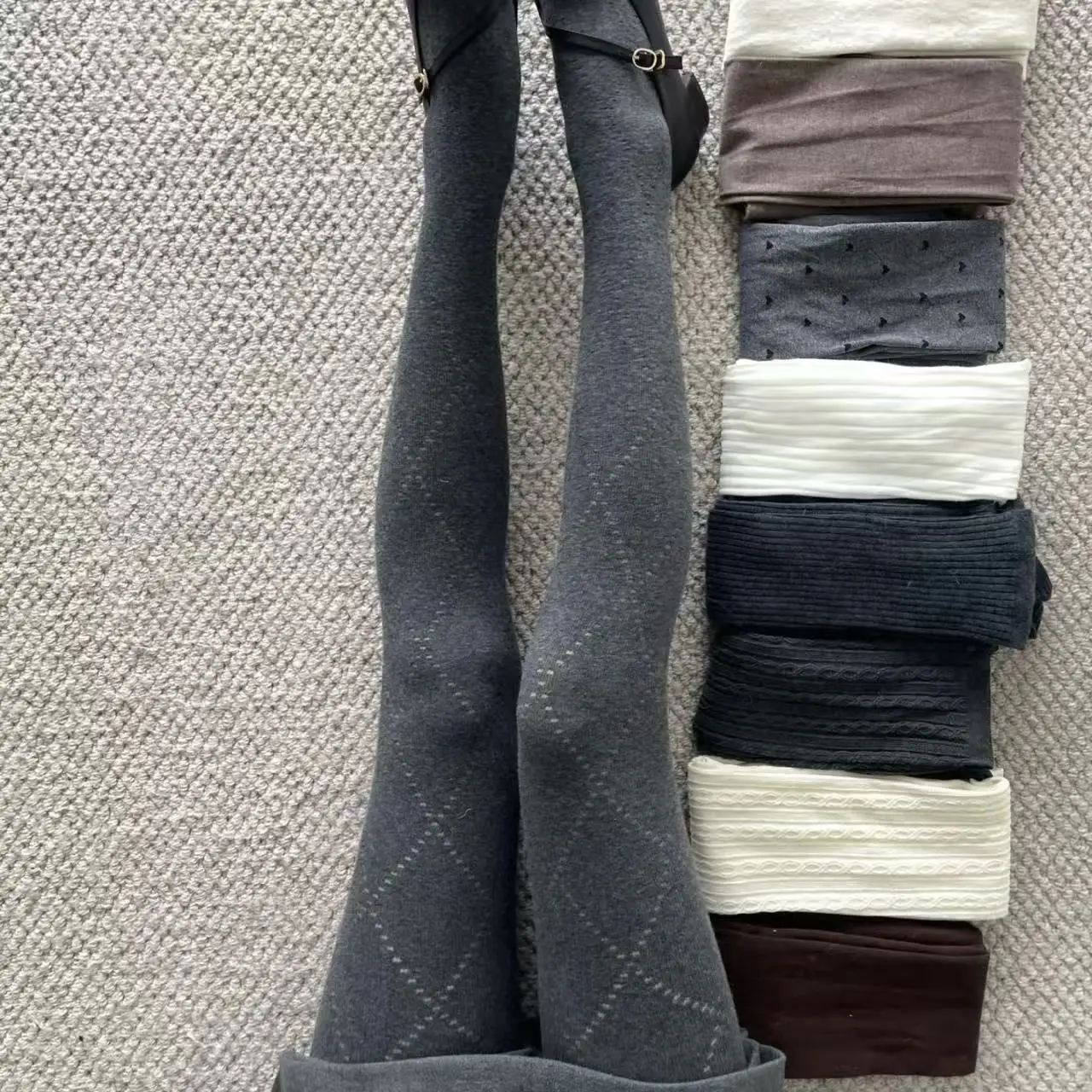 Women Tights Grey Diamond Cut-out Leggings for Spring Cotton High Elastic Non-release Leggings Solid Color Slimming Pantyhose - Image 4