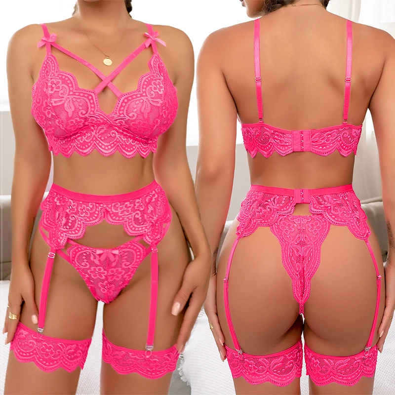 Porn Plus Size Sexy Lingerie Bra And Panty Garters 3pcs See Through Sexy Hollow Out Women’s Underwear Set Erotic Lace Bra Set