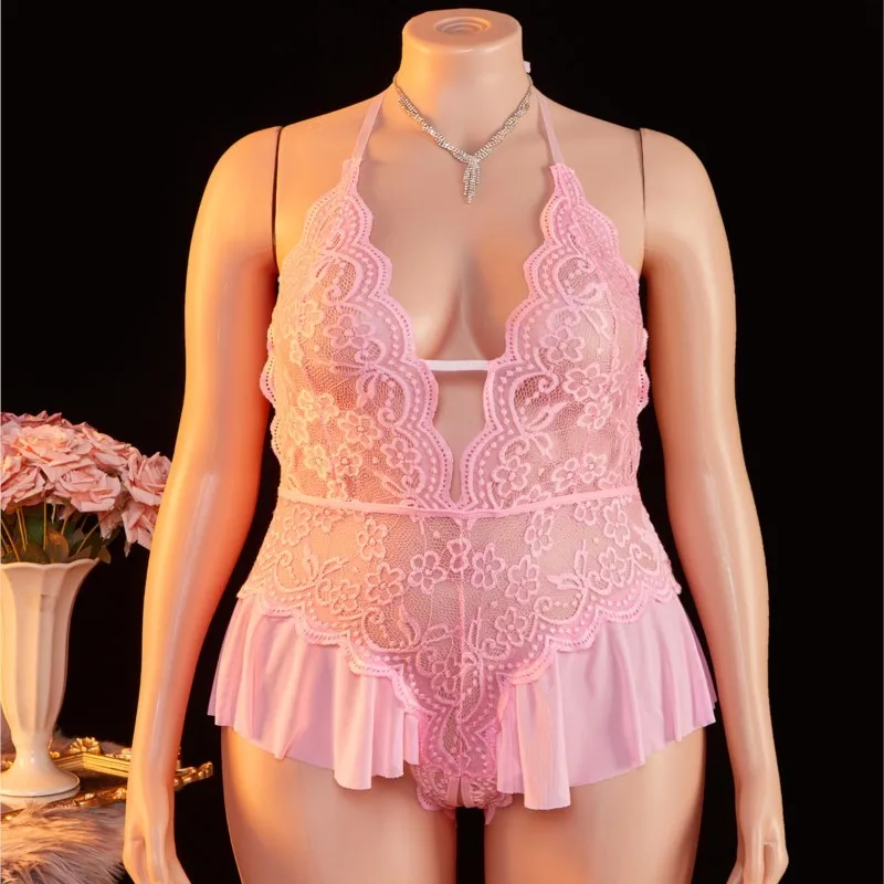 Plus Size Crotchless Deep V Sexy Lingerie Women Transparent Lace Bodysuit Teddy Babydoll Dress Underwear Set Erotic Costumes - Image 4
