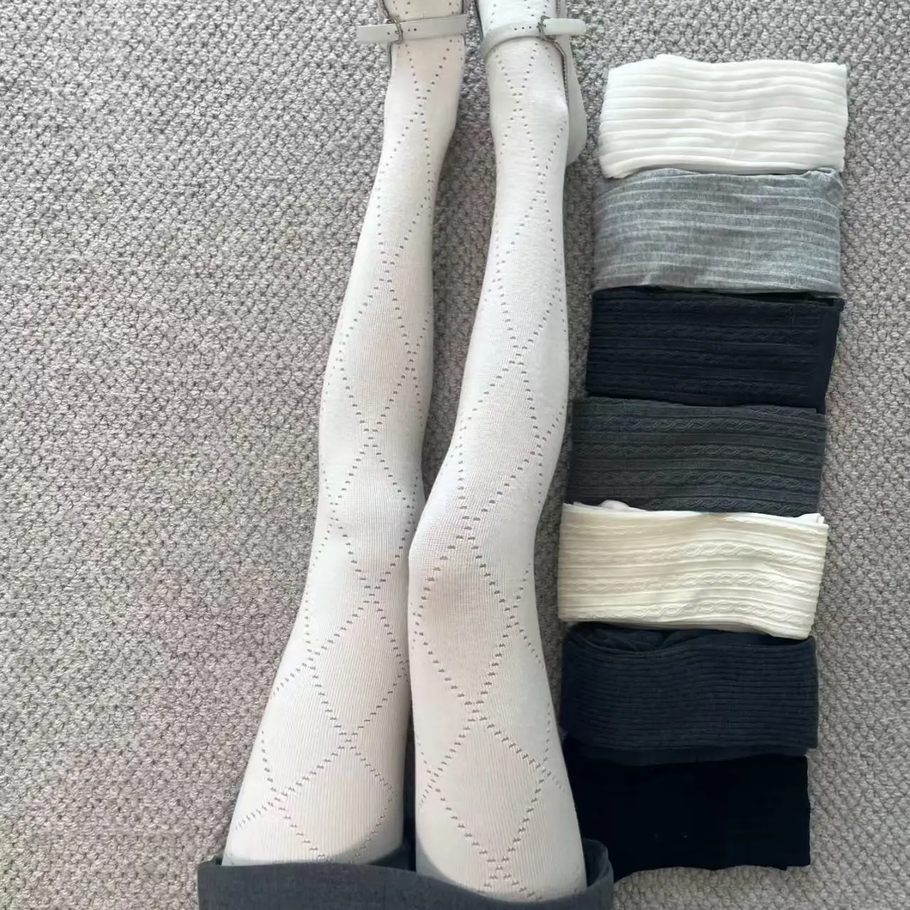 Women Tights Grey Diamond Cut-out Leggings for Spring Cotton High Elastic Non-release Leggings Solid Color Slimming Pantyhose - Image 2