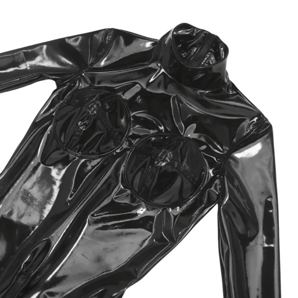 Shiny PU Leather Two-Way Zipper Bodysuit with Open Crotch And Long Sleeve Tights for Sexy Cosplay Conjoined Design - Image 4