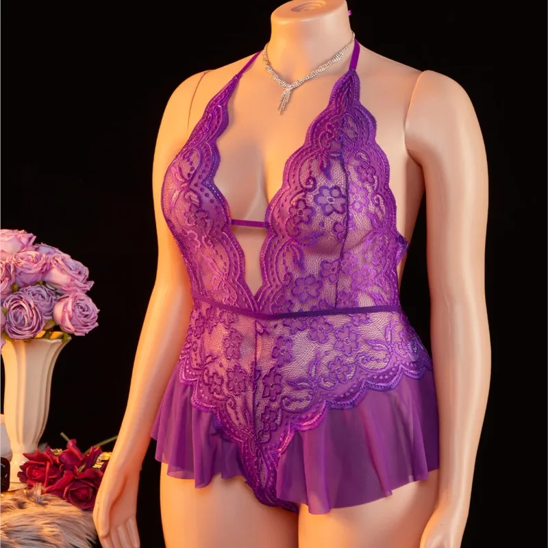 Plus Size Crotchless Deep V Sexy Lingerie Women Transparent Lace Bodysuit Teddy Babydoll Dress Underwear Set Erotic Costumes - Image 11