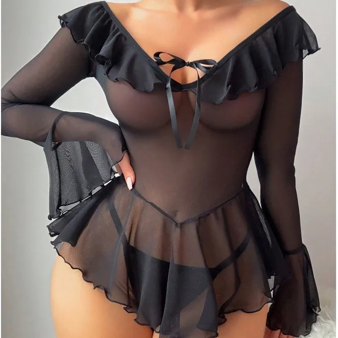 Sexy Bodysuit Lingerie Women Flare Open Anal Baby Dolls Ladies Ruffled Sweet Girl Transparent Mini Dress Hot Erotic Costumes