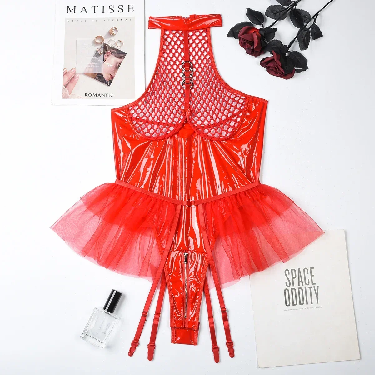 See Through Mesh Hollow Out PU Leather Open Crotch Bodysuit for Women Sexy Underwear Lingerie Set Erotic Nightclub Wear - Image 9