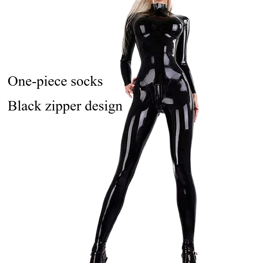 Shiny PU Leather Two-Way Zipper Bodysuit with Open Crotch And Long Sleeve Tights for Sexy Cosplay Conjoined Design - Image 3