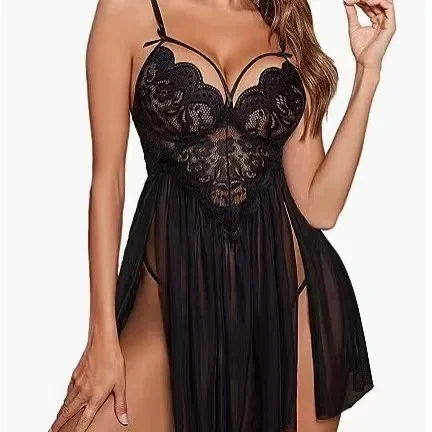 Sexy Lace See-through Mesh Underwear Set Two-Piece Pure Color Strap Dress Erotic Innerwear for Special Occasions