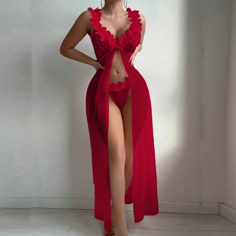 Women’s Seduction Night 3D Floral Lace Lingerie Dress Nightgown Set + Thong, Intimate Apparel, Bedroom Attire Sleepwear Combo