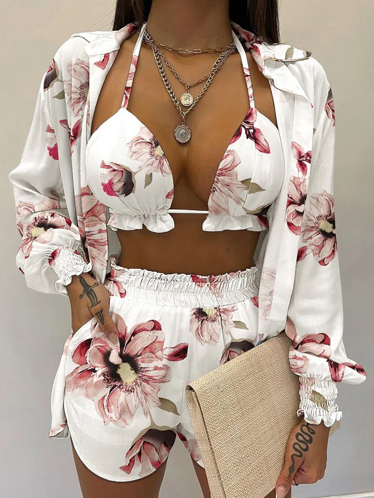 New Bathing Suit Shorts Cover Up Summer Three Pieces Swimwear Sexy Beachwear High Waist Bikini Set Print Women’s Swimsuit