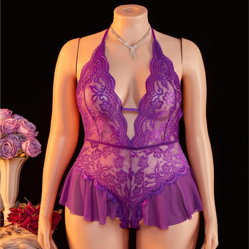 Plus Size Crotchless Deep V Sexy Lingerie Women Transparent Lace Bodysuit Teddy Babydoll Dress Underwear Set Erotic Costumes - Image 6