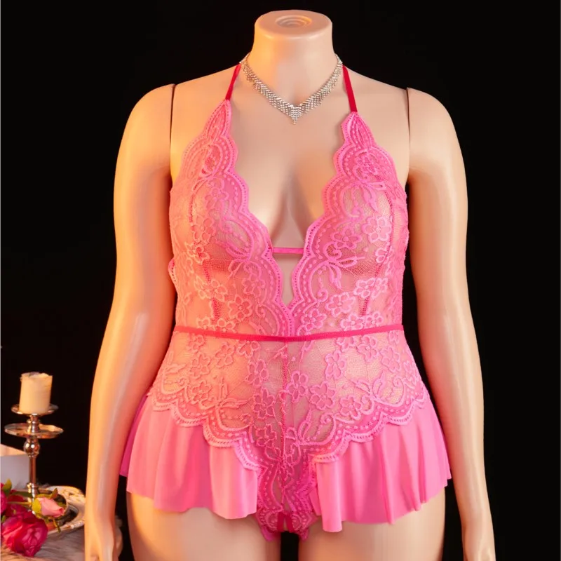 Plus Size Crotchless Deep V Sexy Lingerie Women Transparent Lace Bodysuit Teddy Babydoll Dress Underwear Set Erotic Costumes - Image 2