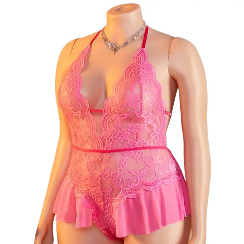 Plus Size Crotchless Deep V Sexy Lingerie Women Transparent Lace Bodysuit Teddy Babydoll Dress Underwear Set Erotic Costumes
