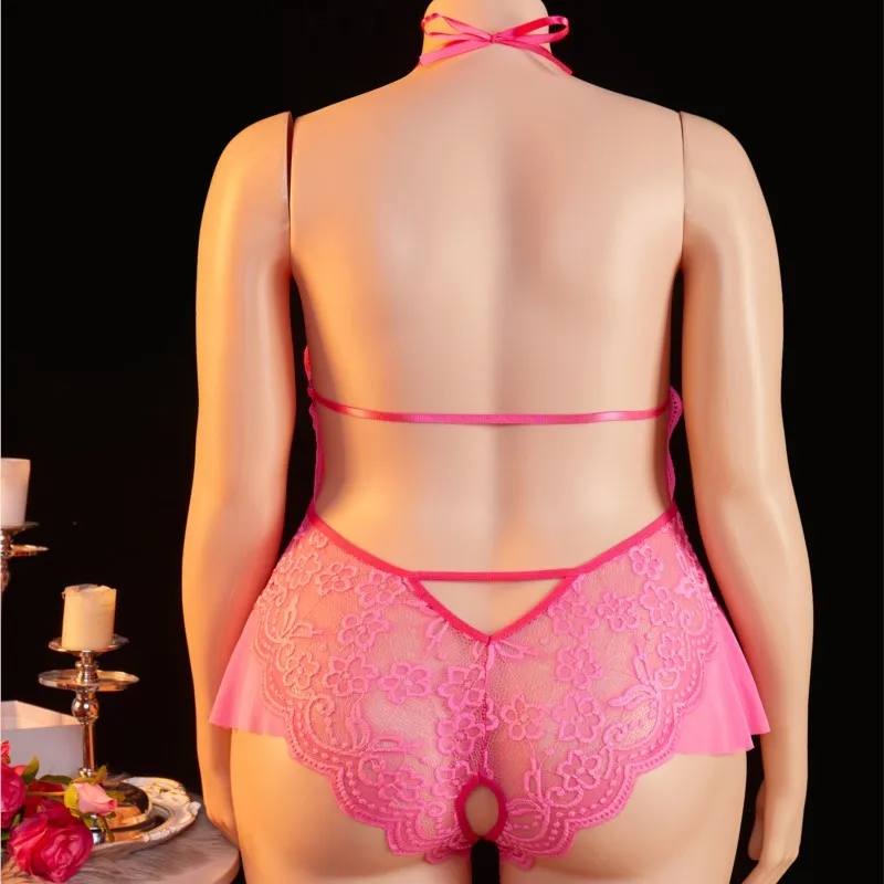 Plus Size Crotchless Deep V Sexy Lingerie Women Transparent Lace Bodysuit Teddy Babydoll Dress Underwear Set Erotic Costumes - Image 3