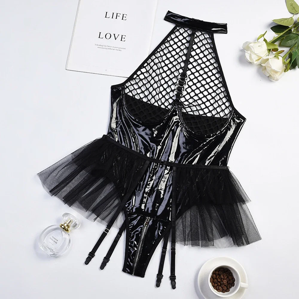 See Through Mesh Hollow Out PU Leather Open Crotch Bodysuit for Women Sexy Underwear Lingerie Set Erotic Nightclub Wear - Image 10