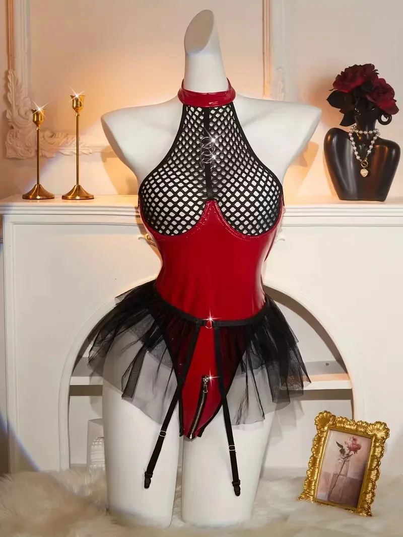 See Through Mesh Hollow Out PU Leather Open Crotch Bodysuit for Women Sexy Underwear Lingerie Set Erotic Nightclub Wear - Image 2