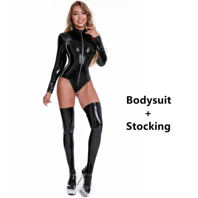 Women Double Zipper Sexy Open Crotch Leather Bodysuit For Erotic Below Crotchless Catsuit Ladies Shiny Latex Bodysuit - Image 7