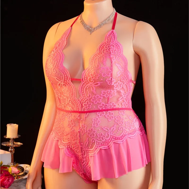 Plus Size Crotchless Deep V Sexy Lingerie Women Transparent Lace Bodysuit Teddy Babydoll Dress Underwear Set Erotic Costumes - Image 12