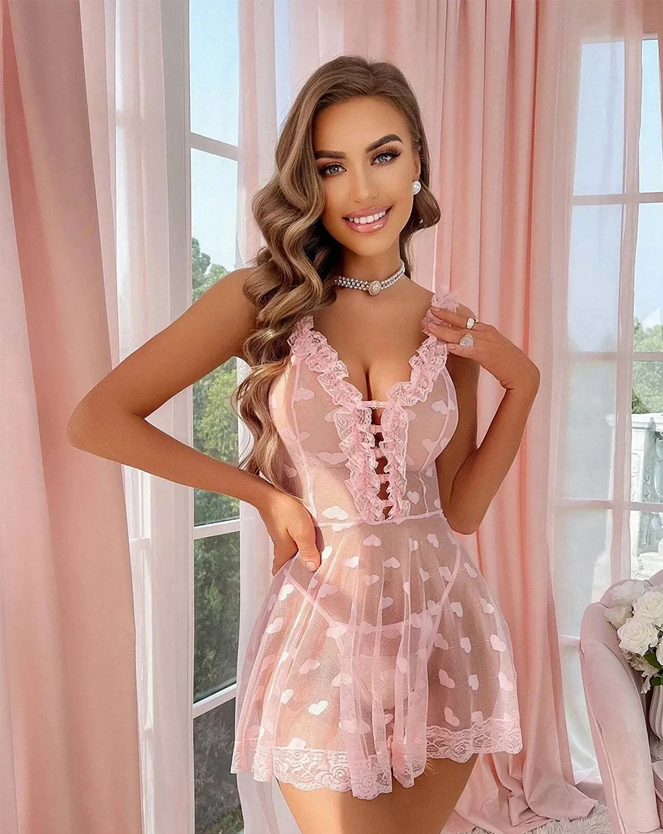 Romantic Night Lace Sexy Lingerie Dress Ruffles Women Sex Love Babydoll Hot Hollow Open Bra Nightgowns Seduction Erotic Costumes
