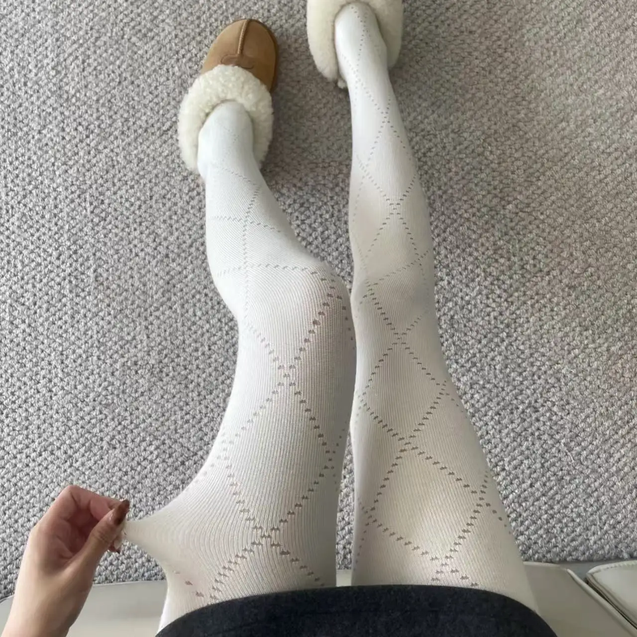 Women Tights Grey Diamond Cut-out Leggings for Spring Cotton High Elastic Non-release Leggings Solid Color Slimming Pantyhose - Image 5