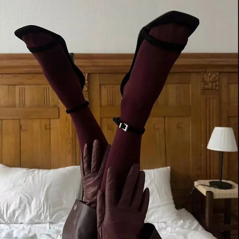 Velvet Burgundy Semi Opaque Nylon Tights for Women Control Top Pantyhose with Toes High Waist High Elastic Tights - Image 6