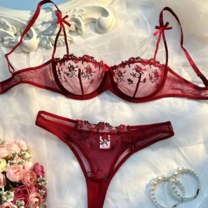 New Pink Transparent Bra Women Lingerie Set Ladies Embroidery Floral Bras Underwear Sets