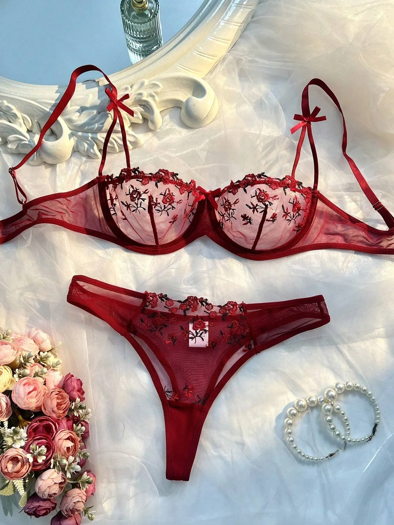 New Pink Transparent Bra Women Lingerie Set Ladies Embroidery Floral Bras Underwear Sets