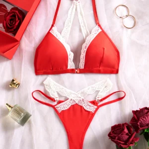 Fresh Lace Bra Set Front Button Deep V Bra with Matching Panties Thin Padded Comfortable Underwear