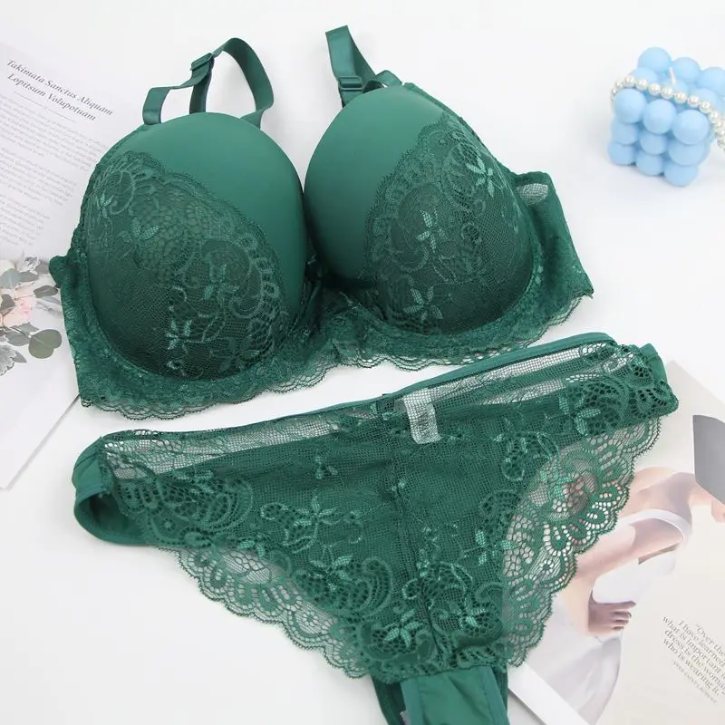 Hot Sexy Bras Set Green Black Beige Red White Purple Lace Bow Floral Underwear For Women Plus Size Lingerie